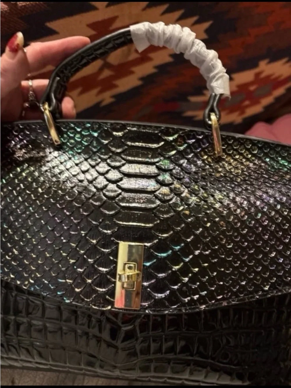 Black Croc-Embossed Top Handle Bag